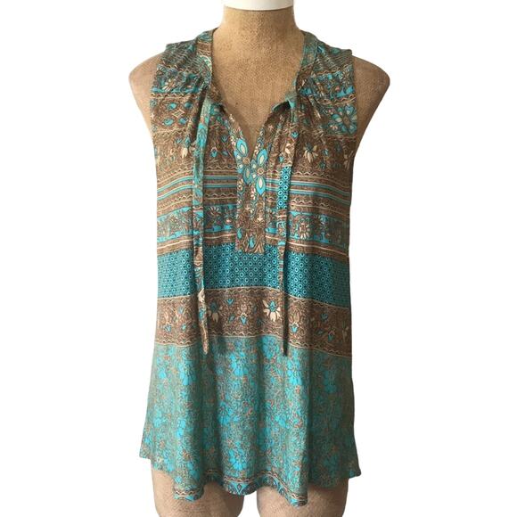 Lascana Women's Tie Front Tank Top Turquoise Brown Medallion Size 4/6 NEW NWT - Picture 1 of 6